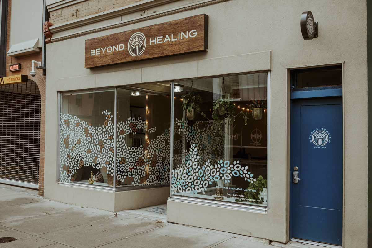 The Beyond Healing Center storefront and blue door on South Avenue in downtown Springfield